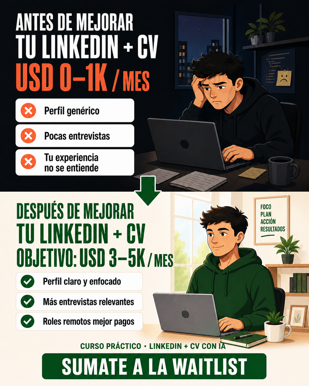 Antes y después de mejorar LinkedIn y CV: de un perfil genérico a una presentación clara orientada a oportunidades remotas